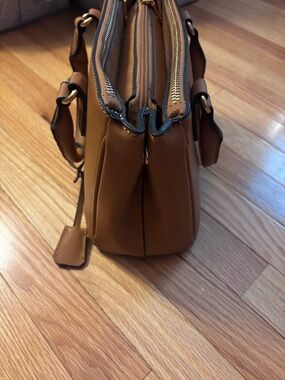 Structured Double-Zip Satchel Handbag in Camel Brown